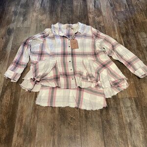 True Craft Pink and White Ruffled Plaid Shirt